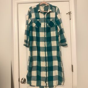 Cato Teal and Cream Checkered Long Sleeve Dress